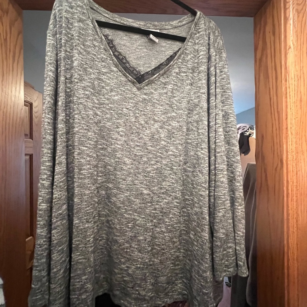 Catherine’s lightweight sweater heathered grey with black lace 4x
